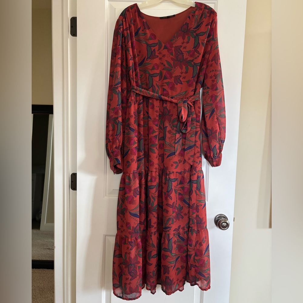 DownEast Orange-Red Floral Long Sleeve Dress
